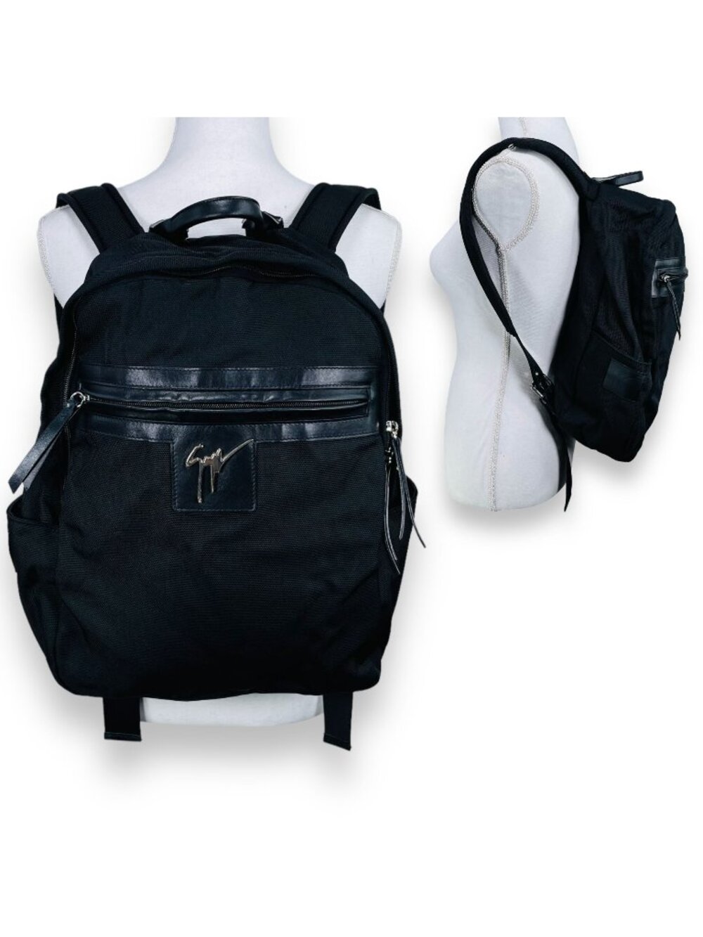 Giuseppe Zanotti Randy Technical Black + Silver Leather + Canvas Bag Backpack